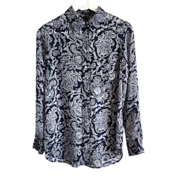 Theory navy & white paisley silk georgette  blouse - Picture 1 of 10